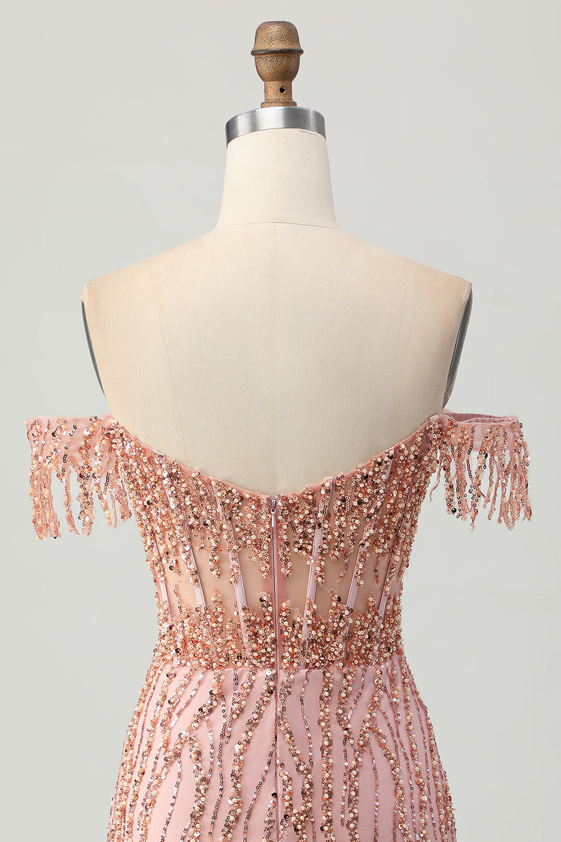 Load image into Gallery viewer, Sparkly Dusty Rose Tight Corset Short Prom Dress with Beading