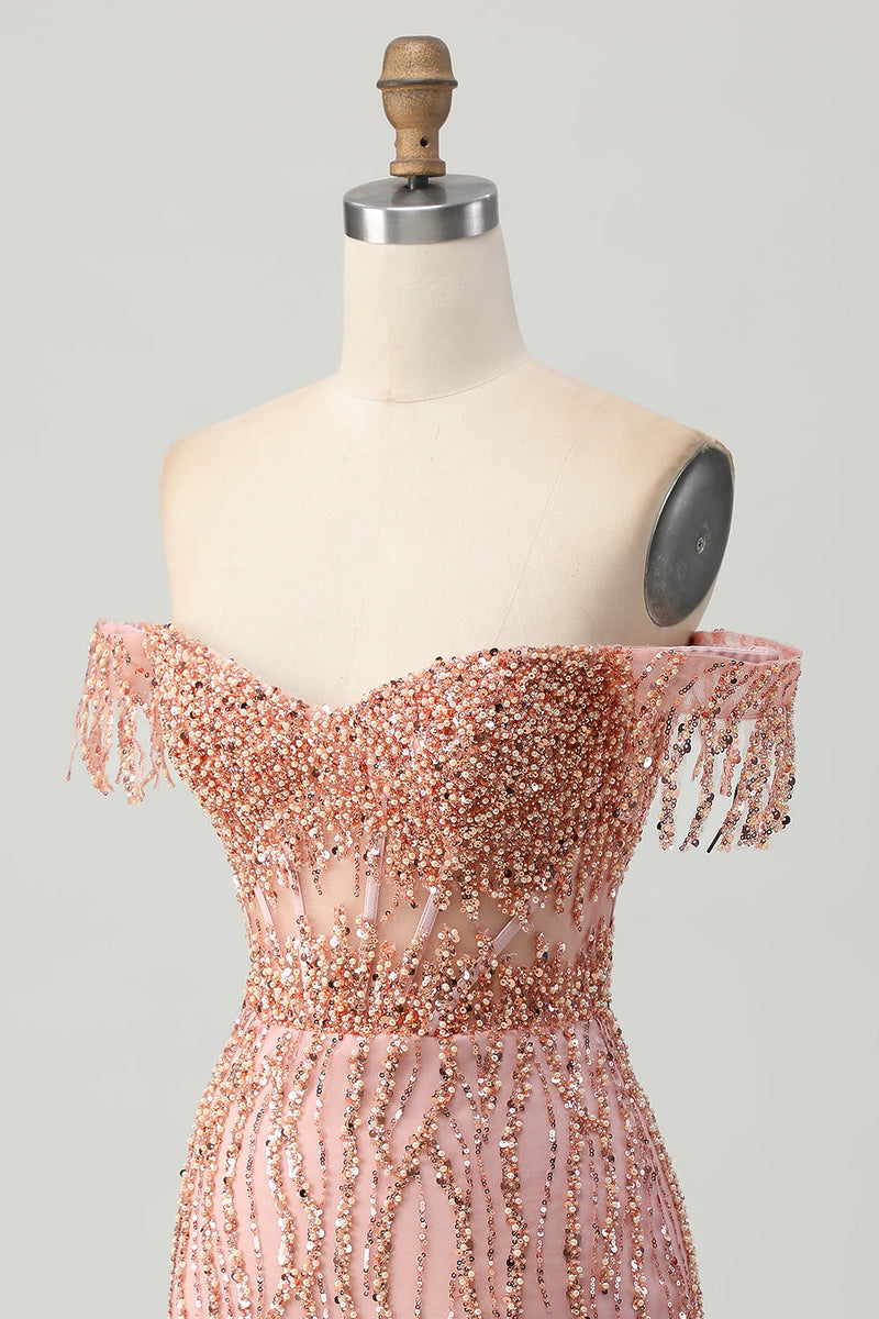 Load image into Gallery viewer, Sparkly Dusty Rose Tight Corset Short Prom Dress with Beading