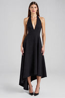 Load image into Gallery viewer, Satin Halter Backless Asymmetrical Long Black Tie Dress