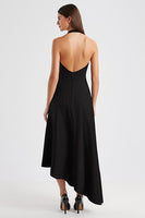 Load image into Gallery viewer, Satin Halter Backless Asymmetrical Long Black Tie Dress
