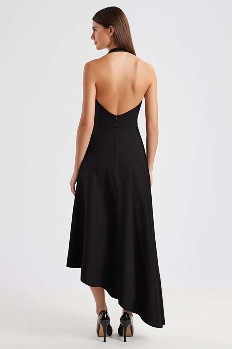 Load image into Gallery viewer, Satin Halter Backless Asymmetrical Long Black Tie Dress