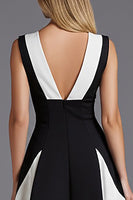 Load image into Gallery viewer, Black and White Satin A Line Patchwork V-Neck Long Formal Dress