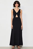 Load image into Gallery viewer, Satin V-Neck Cut Out A Line Long Black Tie Dress