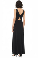 Load image into Gallery viewer, Satin V-Neck Cut Out A Line Long Black Tie Dress