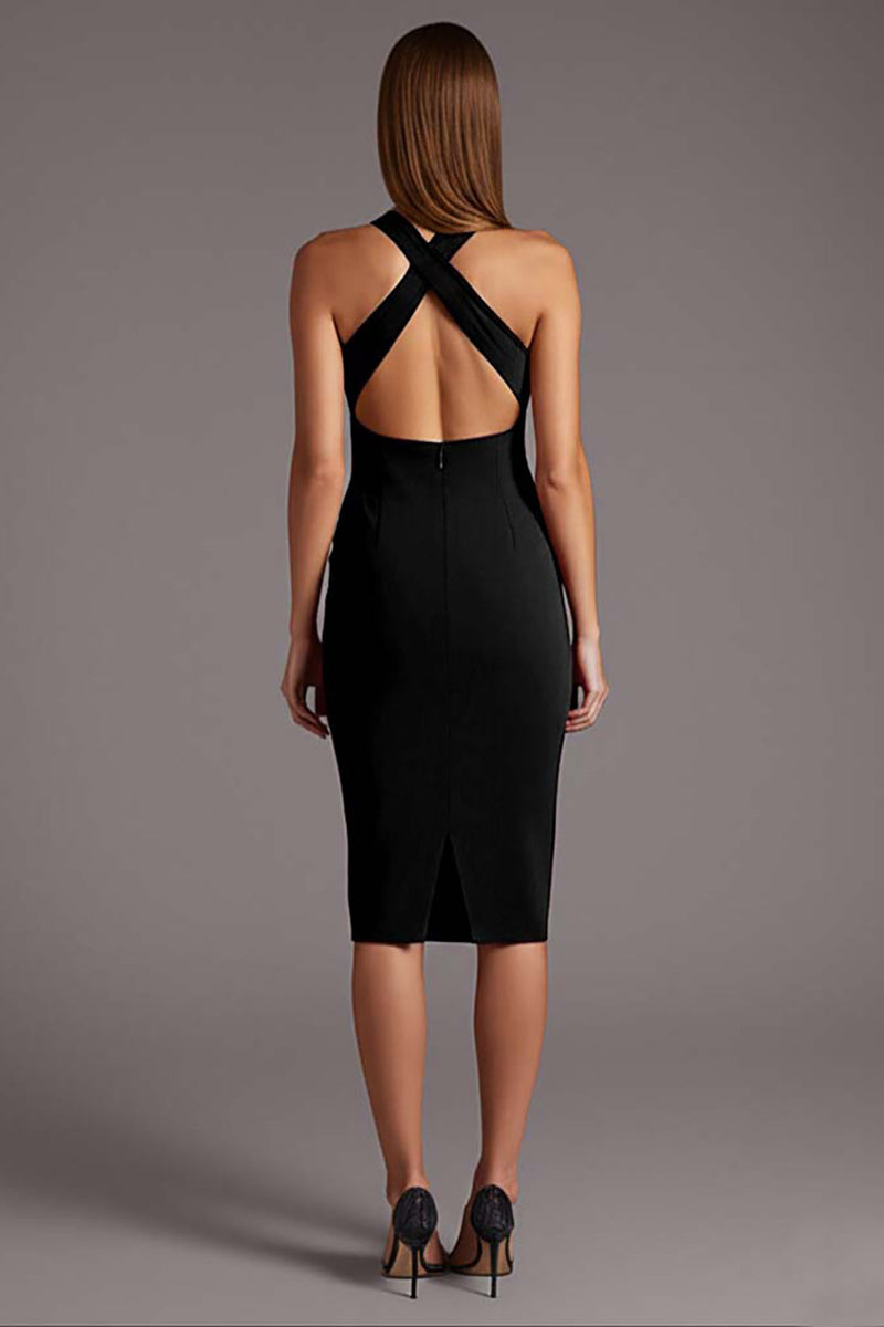 Load image into Gallery viewer, Black Halter Satin Bodycon Keyhole Midi Cocktail Dress