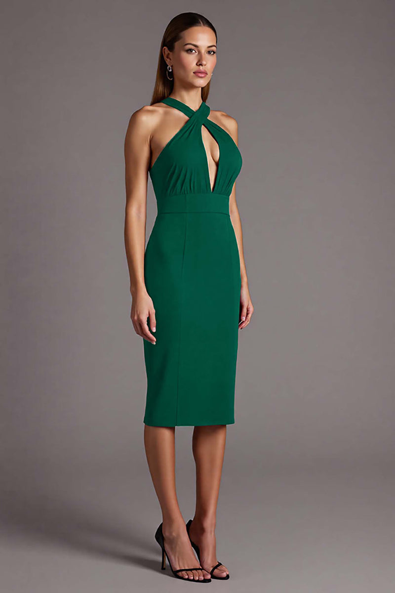 Load image into Gallery viewer, Black Halter Satin Bodycon Keyhole Midi Cocktail Dress