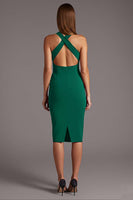 Load image into Gallery viewer, Black Halter Satin Bodycon Keyhole Midi Cocktail Dress