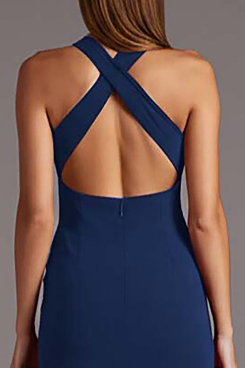 Load image into Gallery viewer, Black Halter Satin Bodycon Keyhole Midi Cocktail Dress