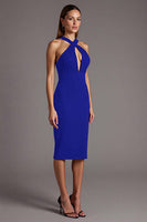 Load image into Gallery viewer, Black Halter Satin Bodycon Keyhole Midi Cocktail Dress