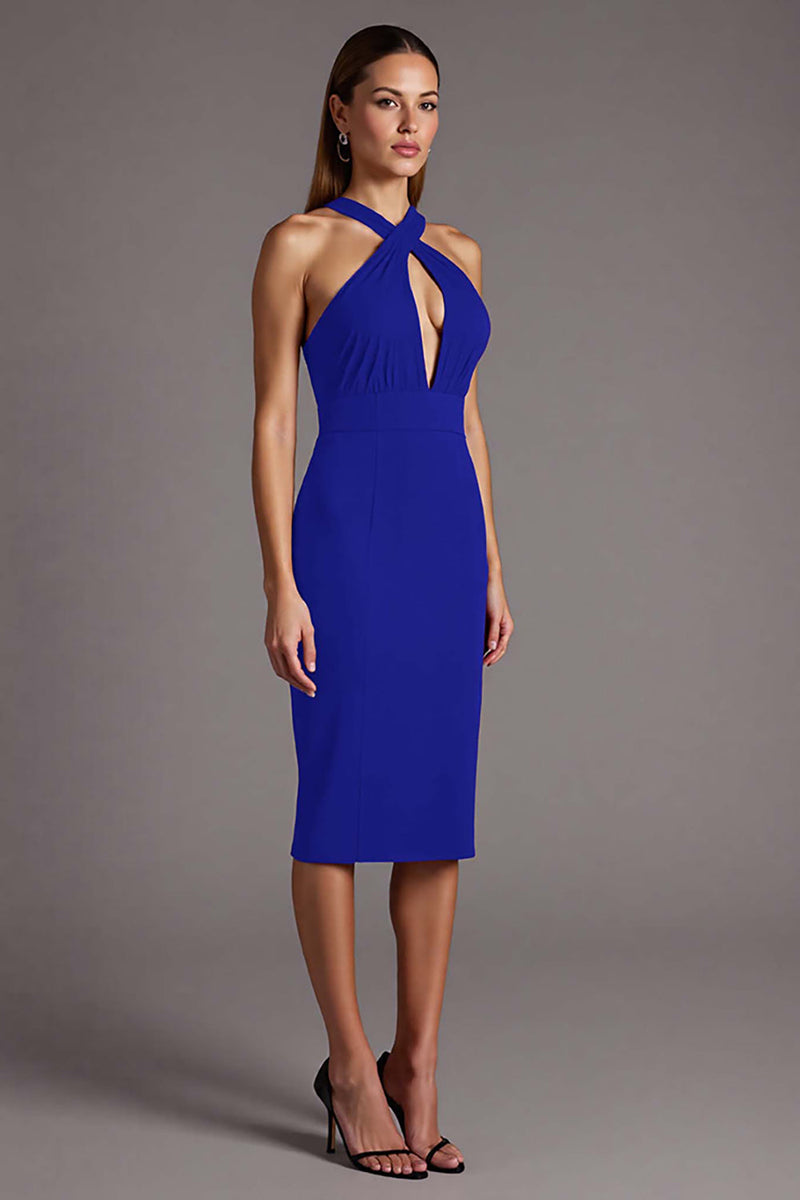 Load image into Gallery viewer, Black Halter Satin Bodycon Keyhole Midi Cocktail Dress