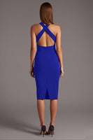 Load image into Gallery viewer, Black Halter Satin Bodycon Keyhole Midi Cocktail Dress