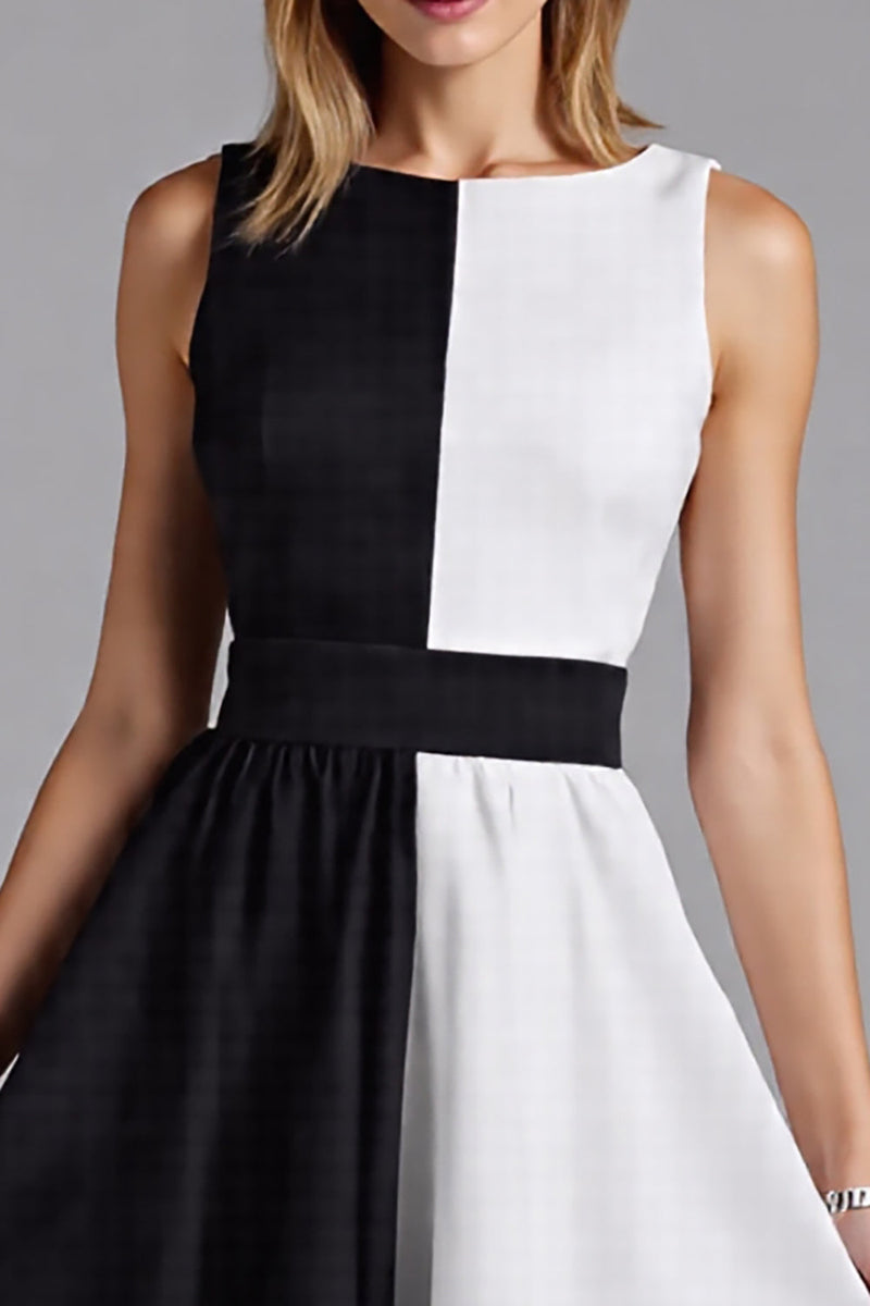 Load image into Gallery viewer, A Line Black and White Patchwork Chiffon Midi Cocktail Dress