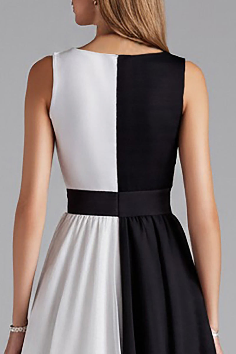 Load image into Gallery viewer, A Line Black and White Patchwork Chiffon Midi Cocktail Dress