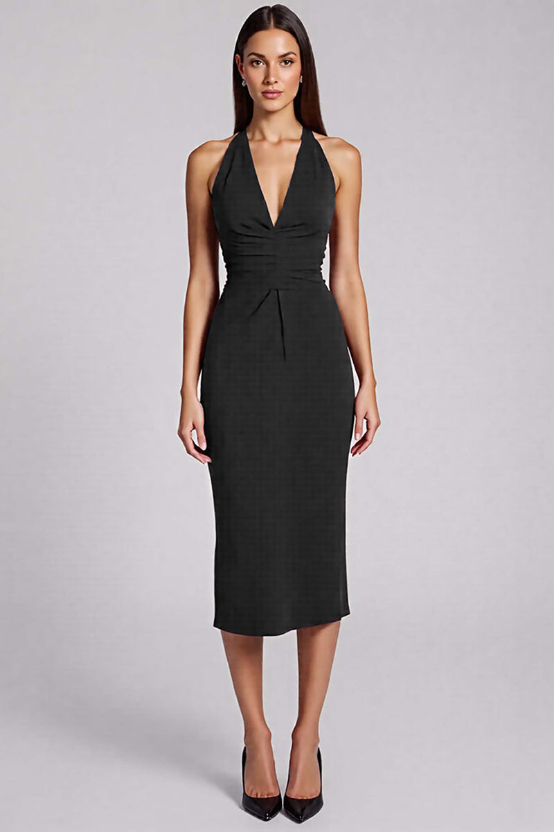 Load image into Gallery viewer, Black Bodycon Satin Halter Backless Midi Cocktail Dress