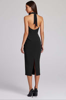 Load image into Gallery viewer, Black Bodycon Satin Halter Backless Midi Cocktail Dress