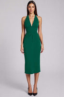 Load image into Gallery viewer, Black Bodycon Satin Halter Backless Midi Cocktail Dress