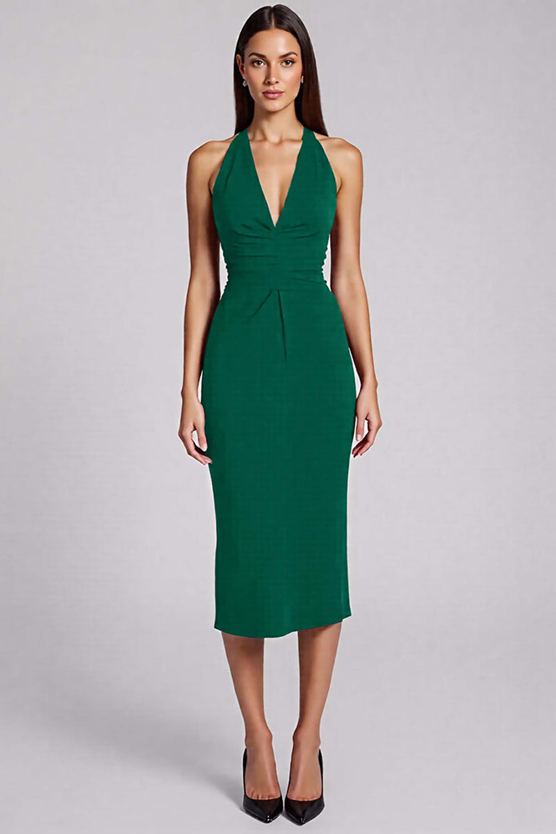 Load image into Gallery viewer, Black Bodycon Satin Halter Backless Midi Cocktail Dress