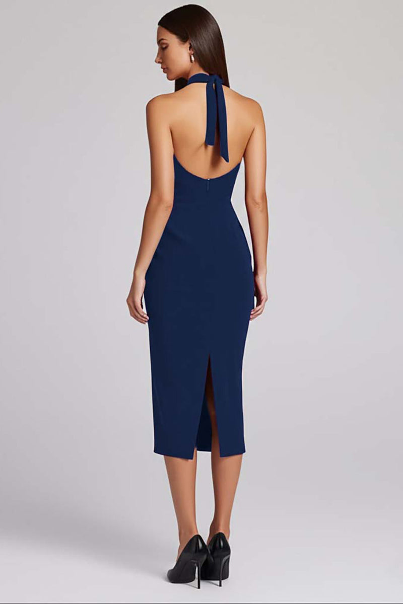 Load image into Gallery viewer, Black Bodycon Satin Halter Backless Midi Cocktail Dress