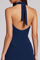 Load image into Gallery viewer, Black Bodycon Satin Halter Backless Midi Cocktail Dress