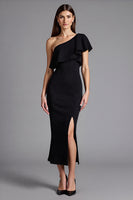 Load image into Gallery viewer, One Shoulder Ruffled Satin Long Black Tie Dress with Slit