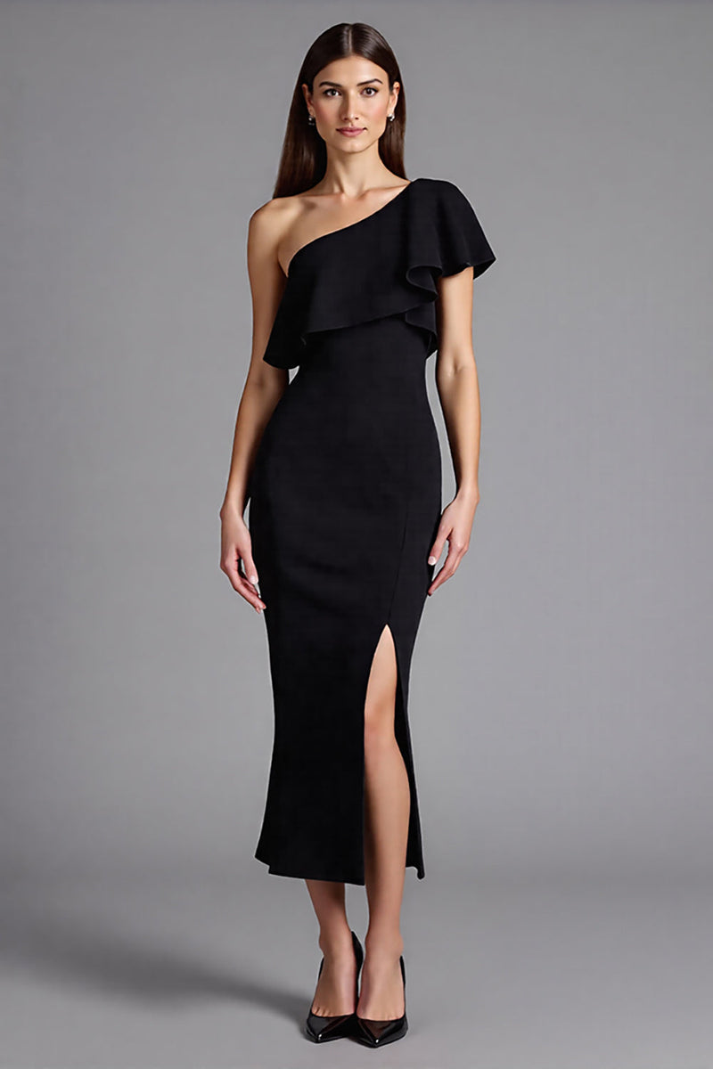 Load image into Gallery viewer, One Shoulder Ruffled Satin Long Black Tie Dress with Slit