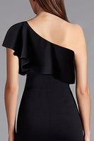 Load image into Gallery viewer, One Shoulder Ruffled Satin Long Black Tie Dress with Slit