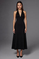 Load image into Gallery viewer, Satin Halter Backless A Line Long Black Tie Dress