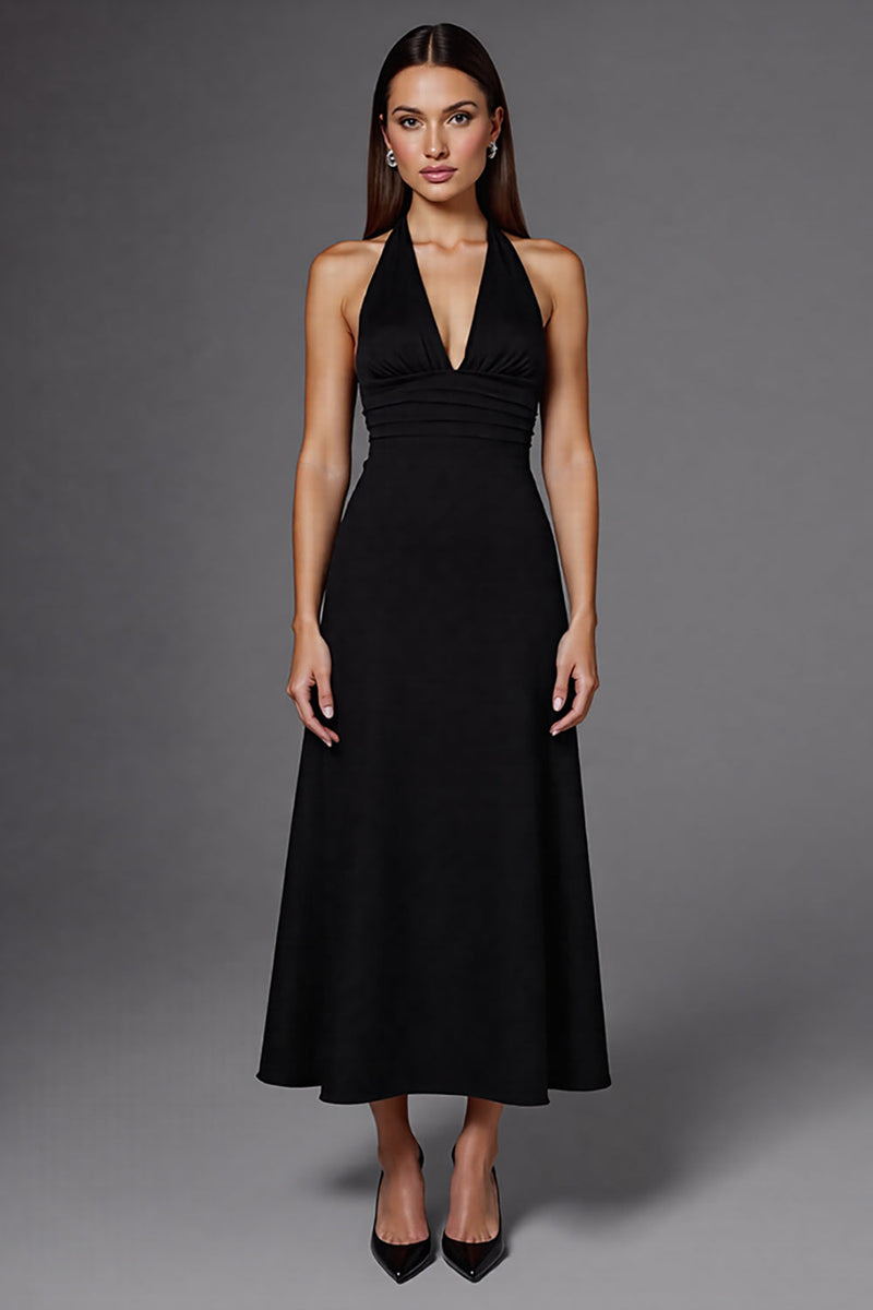 Load image into Gallery viewer, Satin Halter Backless A Line Long Black Tie Dress