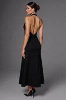 Load image into Gallery viewer, Satin Halter Backless A Line Long Black Tie Dress