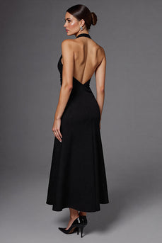 Satin Halter Backless A Line Long Black Tie Dress