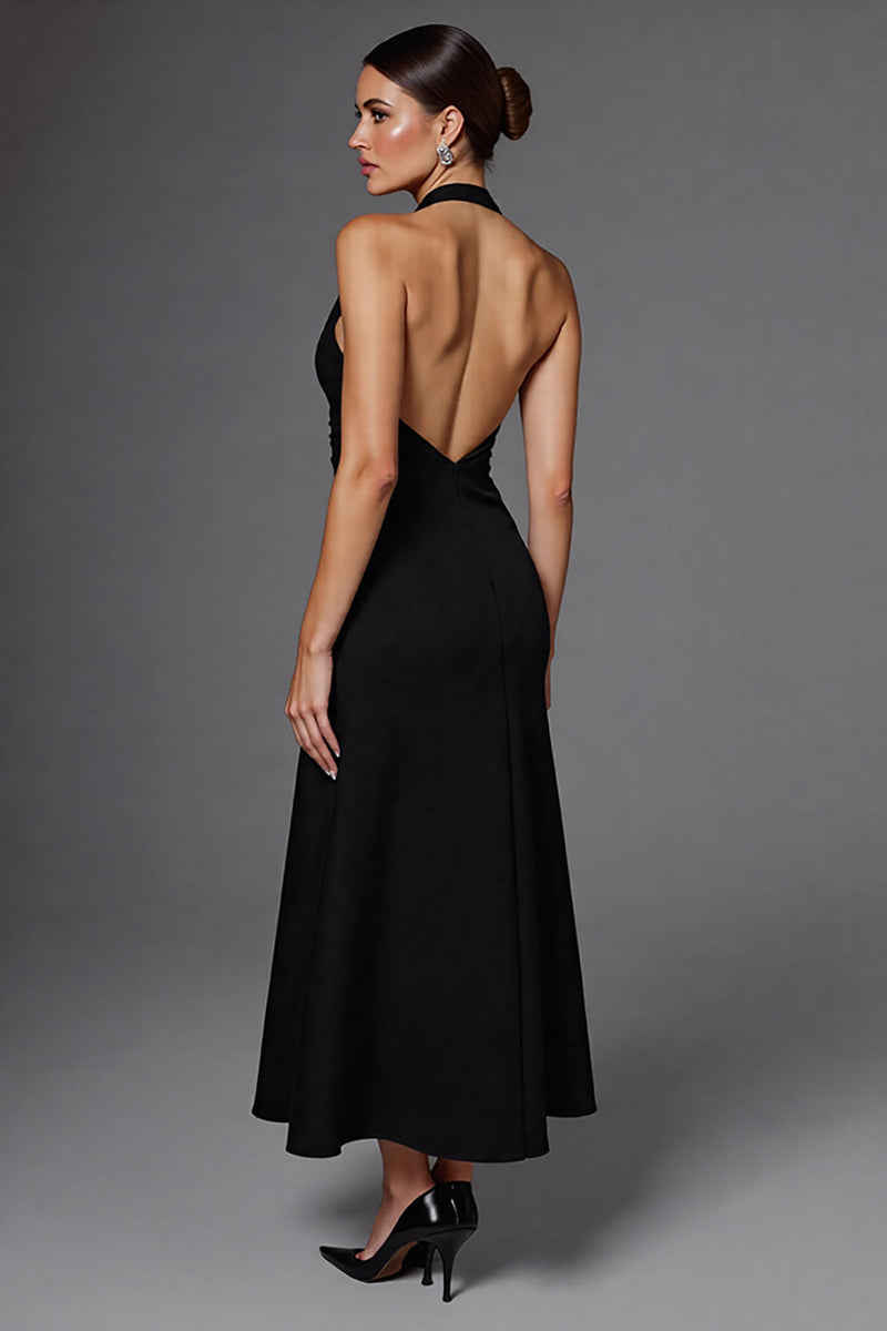 Load image into Gallery viewer, Satin Halter Backless A Line Long Black Tie Dress