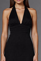 Load image into Gallery viewer, Satin Halter Backless A Line Long Black Tie Dress