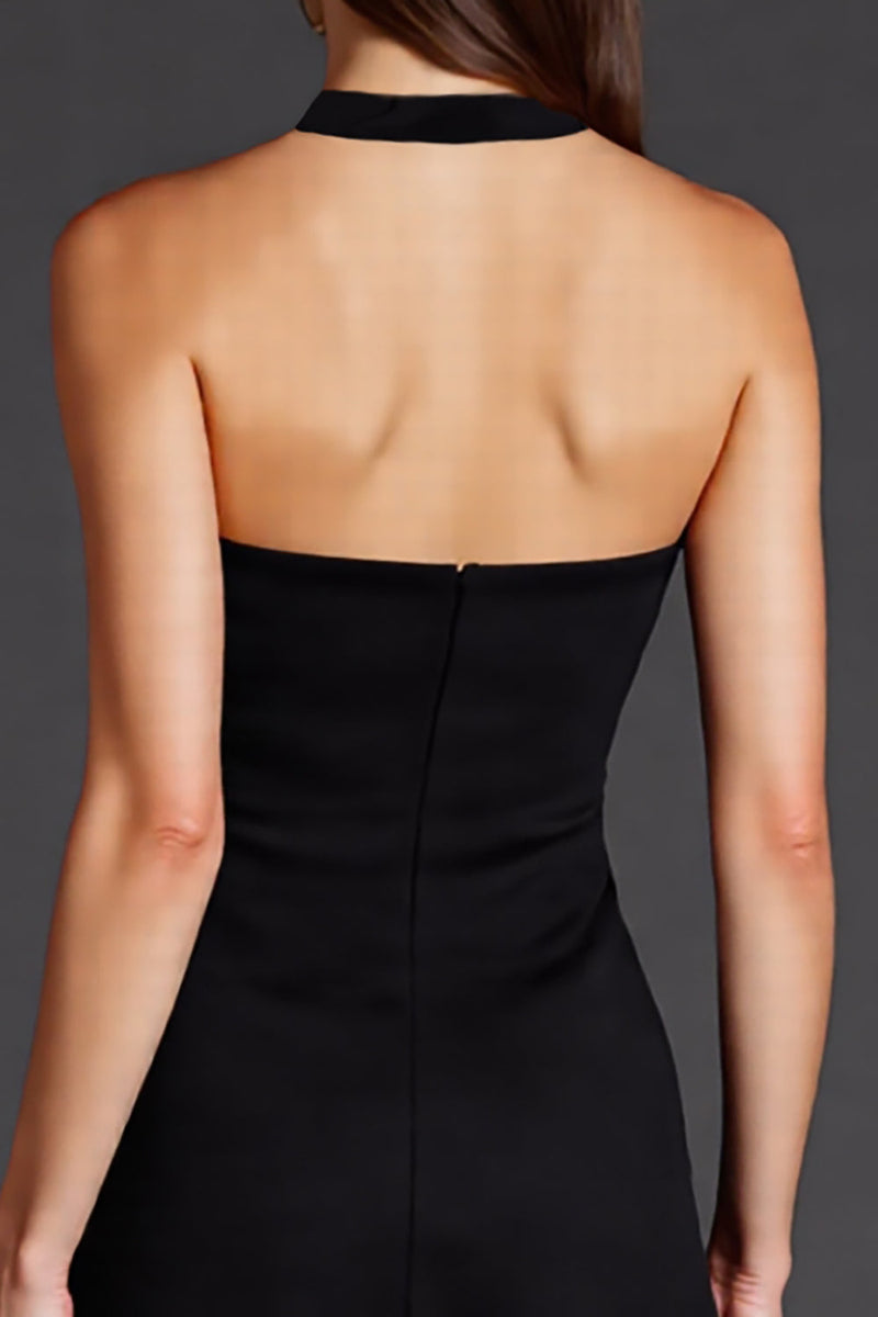 Load image into Gallery viewer, Black Halter A Line Satin Midi Cocktail Dress with Slit