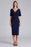 Load image into Gallery viewer, Navy V-Neck Satin Bodycon Midi Cocktail Dress with Ruffles