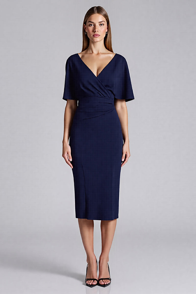 Load image into Gallery viewer, Navy V-Neck Satin Bodycon Midi Cocktail Dress with Ruffles