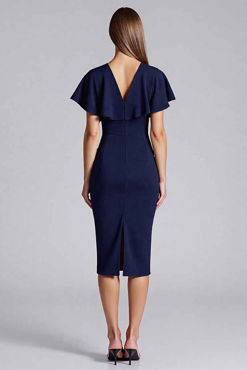 Load image into Gallery viewer, Navy V-Neck Satin Bodycon Midi Cocktail Dress with Ruffles