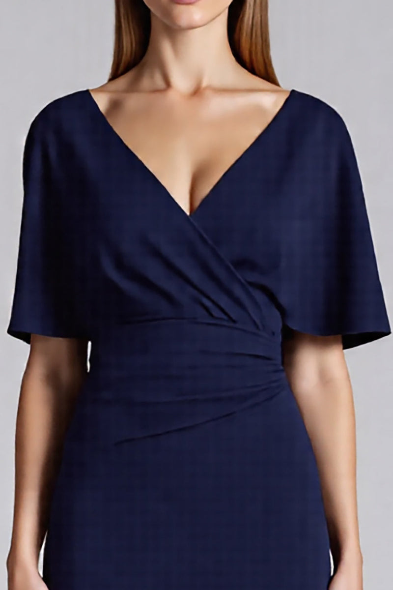 Load image into Gallery viewer, Navy V-Neck Satin Bodycon Midi Cocktail Dress with Ruffles