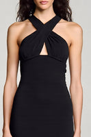 Load image into Gallery viewer, Black Halter Bodycon Keyhole Satin Midi Cocktail Dress