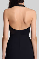 Load image into Gallery viewer, Black Halter Bodycon Keyhole Satin Midi Cocktail Dress