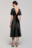 Load image into Gallery viewer, Satin Black A Line V-Neck Midi Cocktail Dress with Ruffles