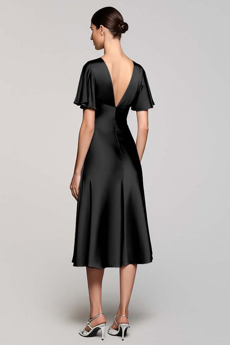 Load image into Gallery viewer, Satin Black A Line V-Neck Midi Cocktail Dress with Ruffles