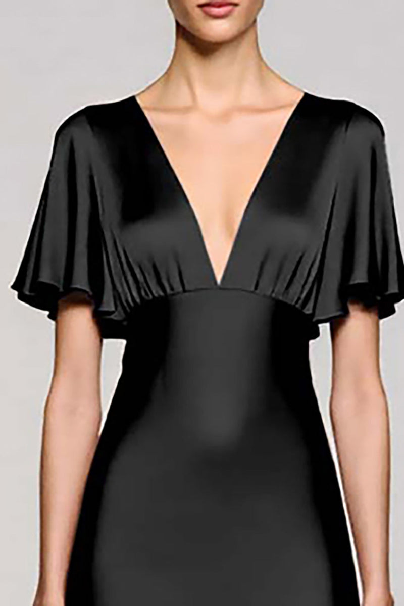 Load image into Gallery viewer, Satin Black A Line V-Neck Midi Cocktail Dress with Ruffles