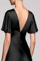 Load image into Gallery viewer, Satin Black A Line V-Neck Midi Cocktail Dress with Ruffles