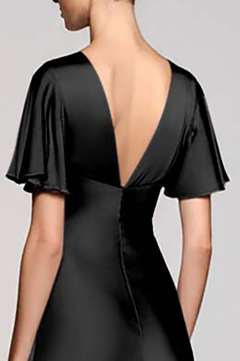 Load image into Gallery viewer, Satin Black A Line V-Neck Midi Cocktail Dress with Ruffles