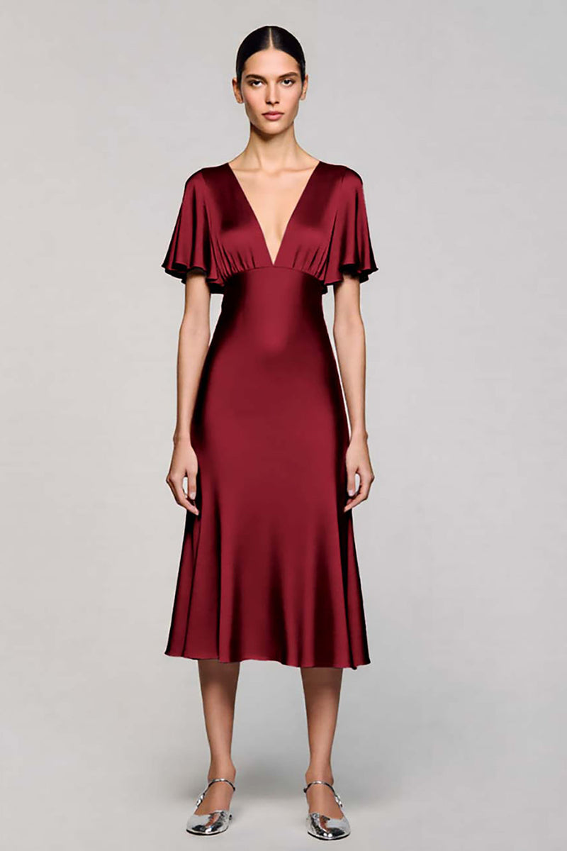 Load image into Gallery viewer, Satin Black A Line V-Neck Midi Cocktail Dress with Ruffles