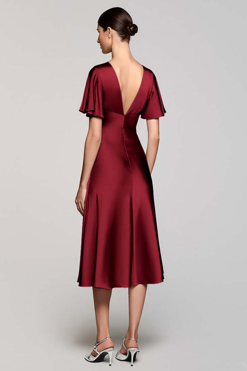Load image into Gallery viewer, Satin Black A Line V-Neck Midi Cocktail Dress with Ruffles
