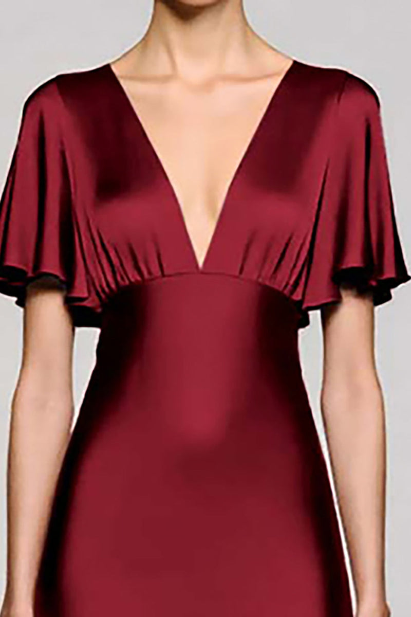 Load image into Gallery viewer, Satin Black A Line V-Neck Midi Cocktail Dress with Ruffles