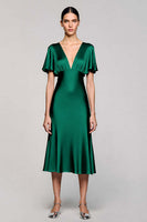 Load image into Gallery viewer, Satin Black A Line V-Neck Midi Cocktail Dress with Ruffles