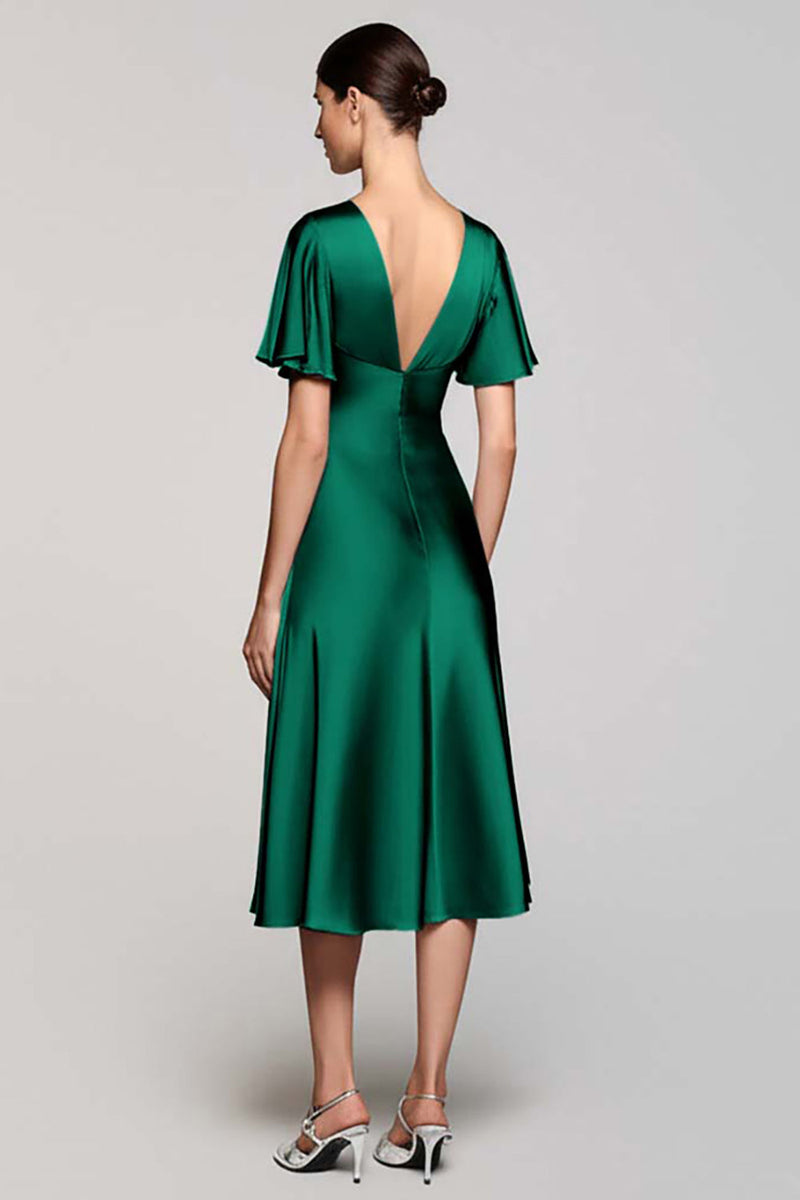 Load image into Gallery viewer, Satin Black A Line V-Neck Midi Cocktail Dress with Ruffles