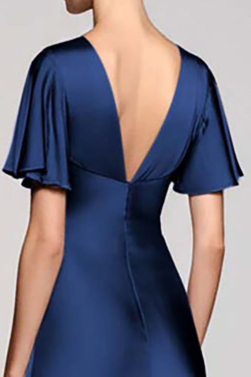 Load image into Gallery viewer, Satin Black A Line V-Neck Midi Cocktail Dress with Ruffles